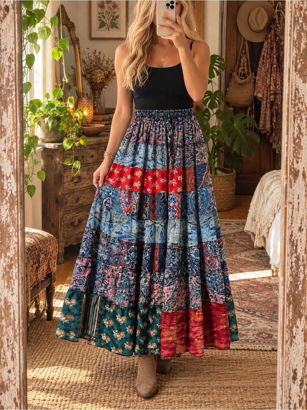 Boho Patchwork Maxi Skirt - Multicolor